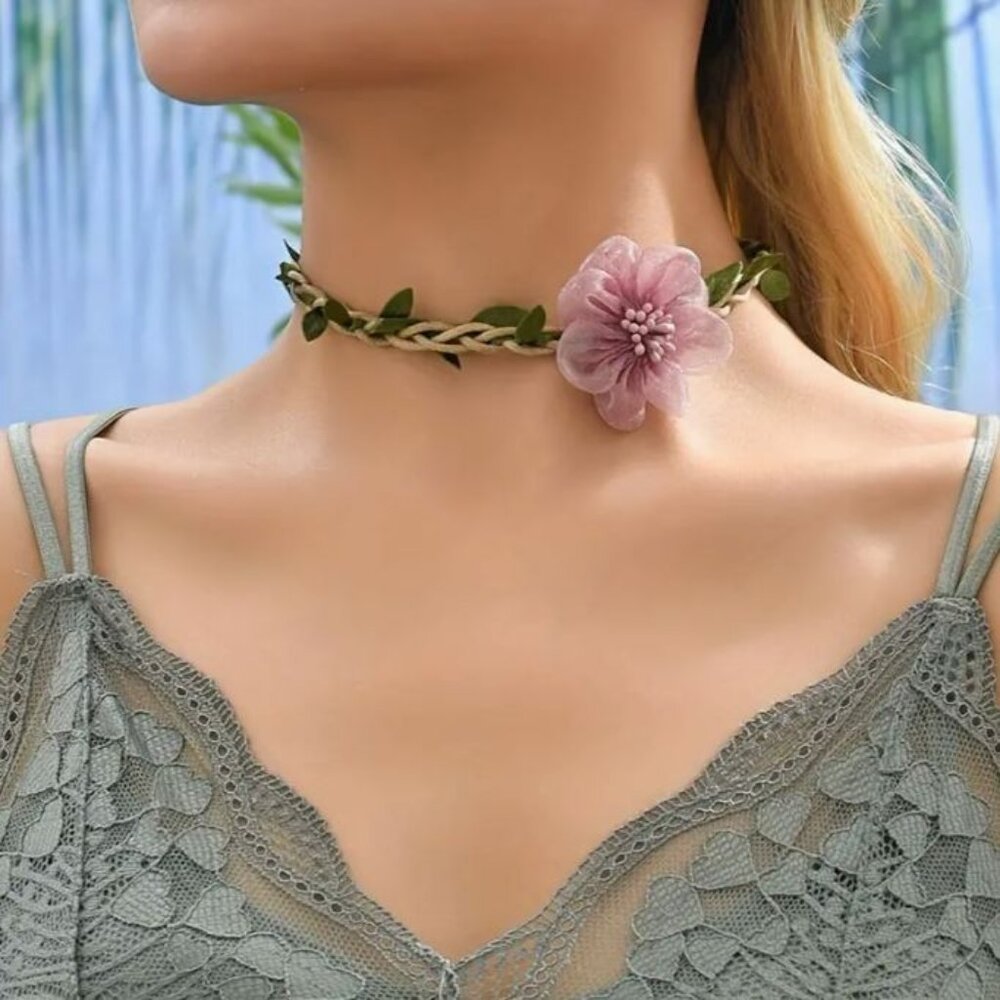 New Romantic Faerie Queen Lilac Purple And Green Leaves Braided Choker Necklace